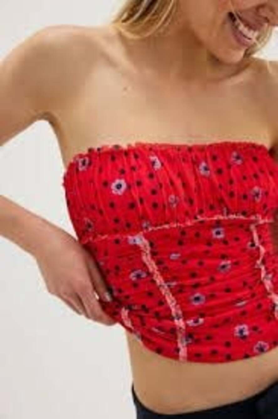 Free People Red Floral and Polka Dot Ruched Tube Top